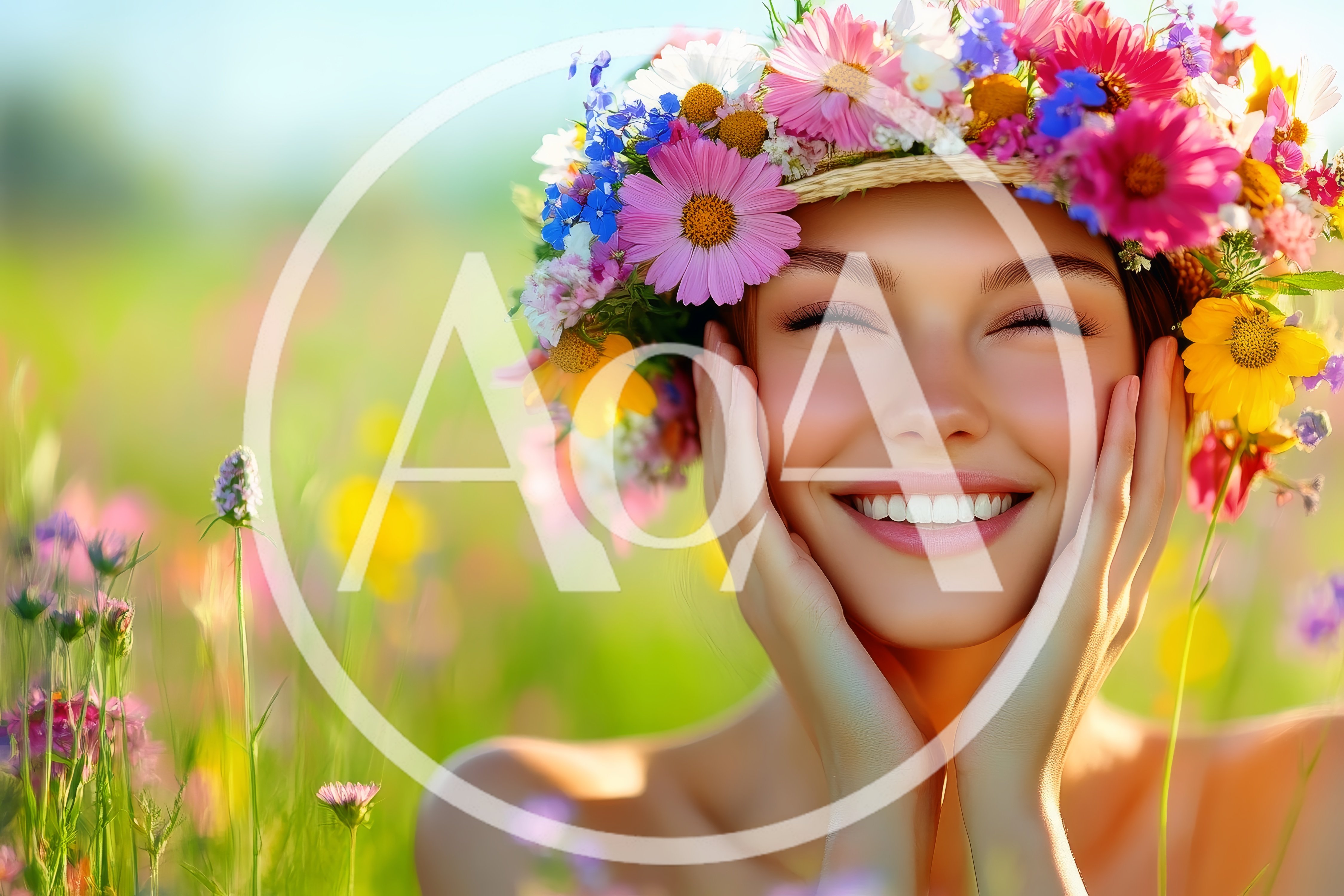 Smiling Woman Wearing A Vibrant Floral Crown In A Meadow