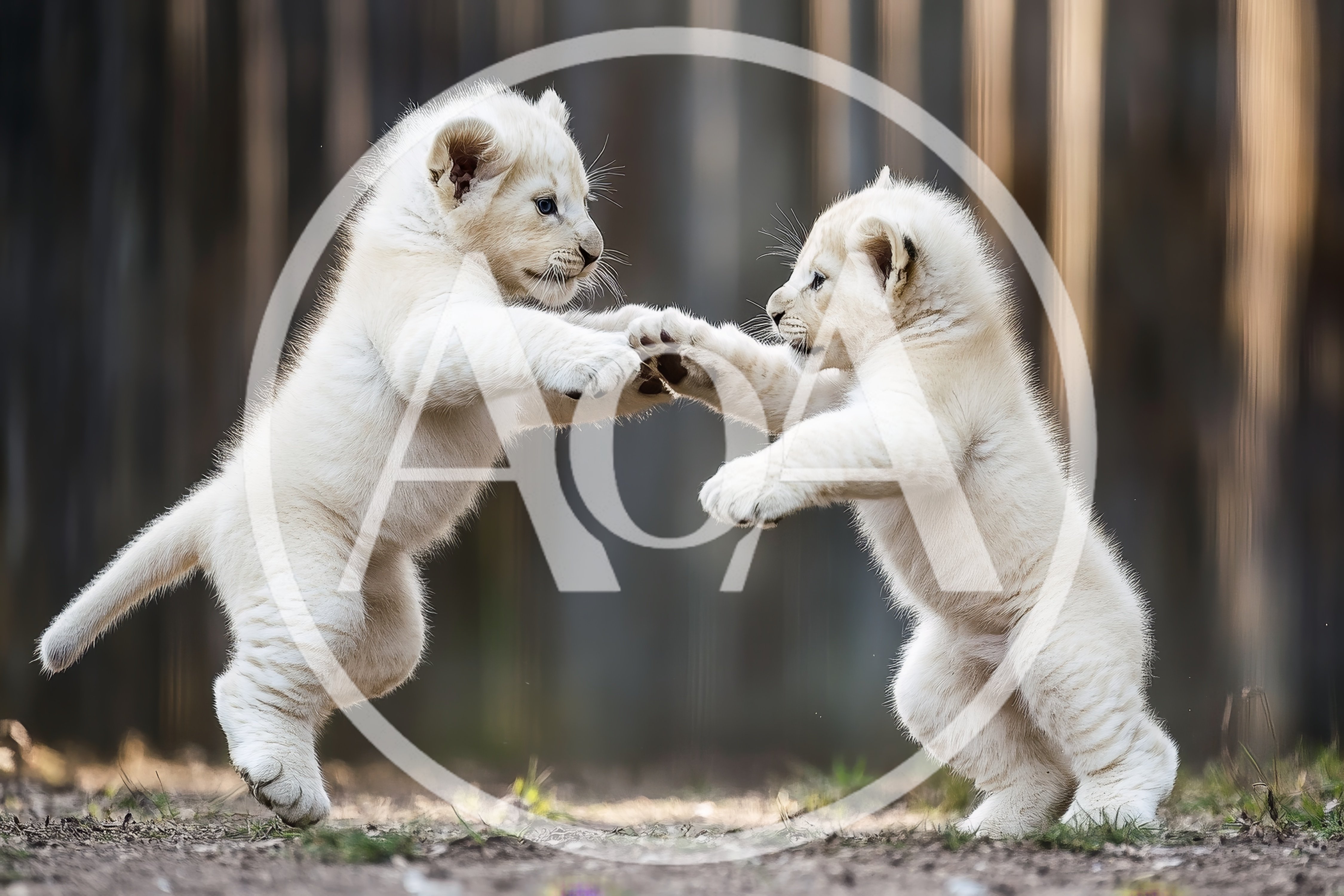 Two Playful White Lion Cubs Standing and Boxing