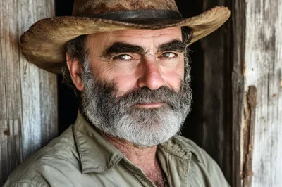 Portrait Of A Rugged Middle Aged Man In A Cowboy Hat