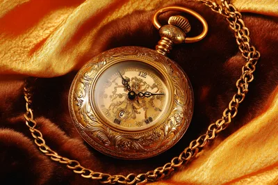 Ornate Gold Pocket Watch Resting On Velvet And Silk