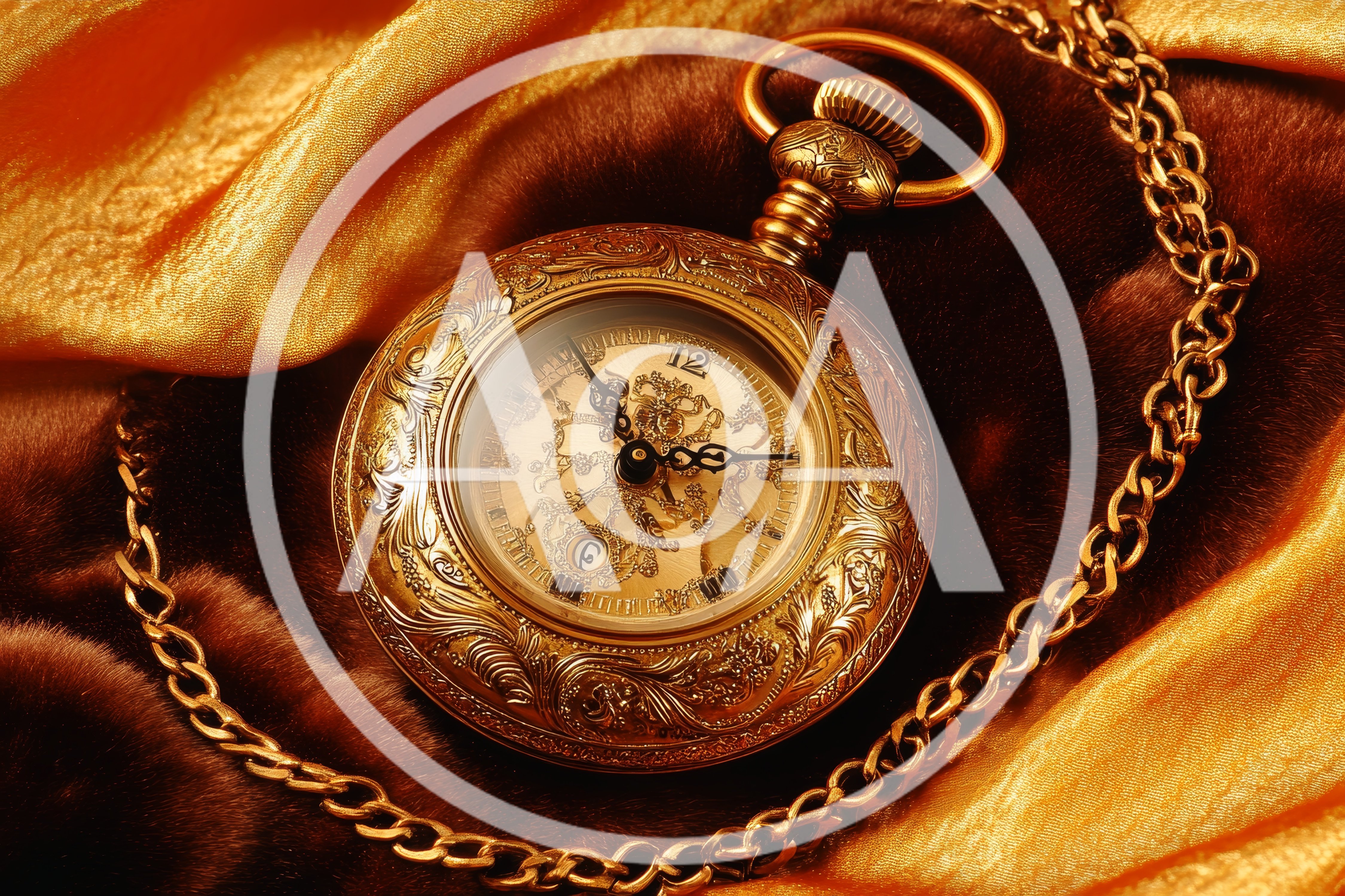 Ornate Gold Pocket Watch Resting On Velvet And Silk