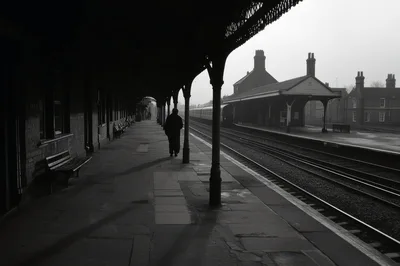 Lone Commuter Walking Along A Historic Train Station Platform