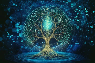 Glowing Digital Tree Of Life With Abstract Data Particles