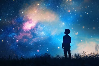 Silhouette Of A Child Looking At The Starry Sky