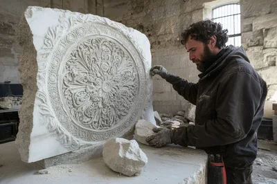 Stone Sculptor Carving Intricate Marble Relief