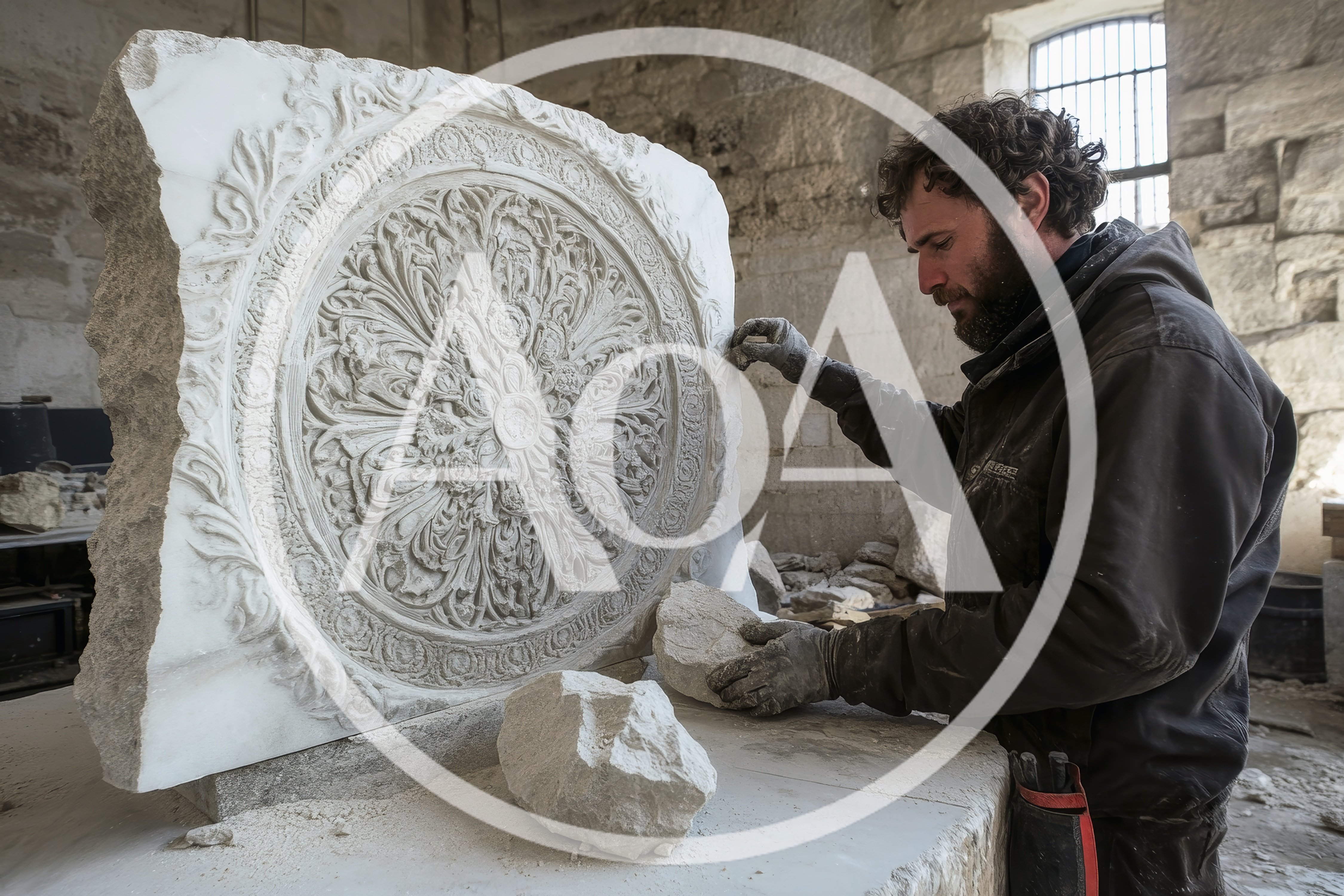 Stone Sculptor Carving Intricate Marble Relief