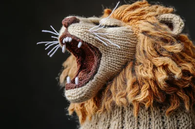 Knitted Lion Toy Roaring Against Dark Background
