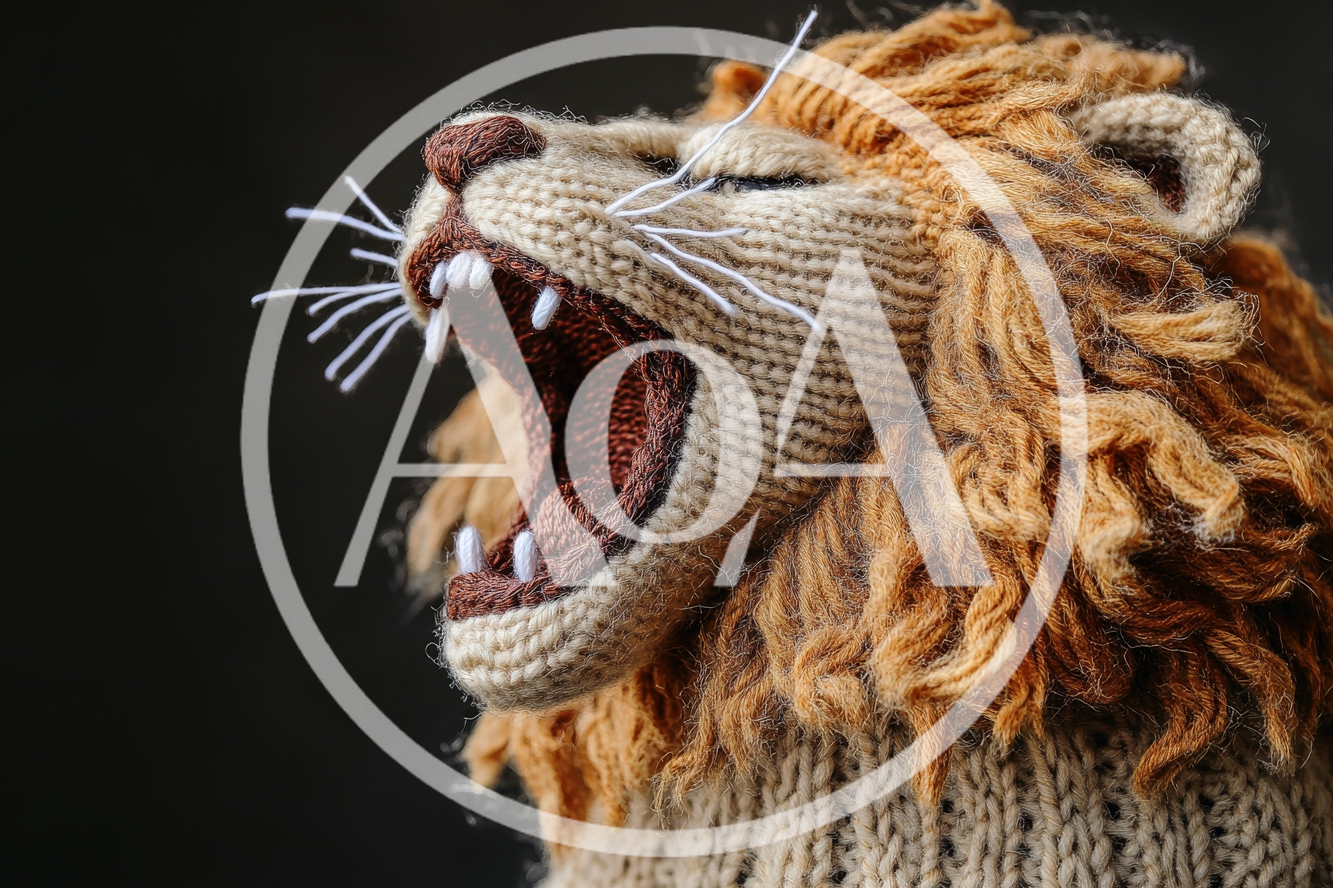 Knitted Lion Toy Roaring Against Dark Background