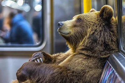 Brown Bear Sitting Quietly On A Subway Train