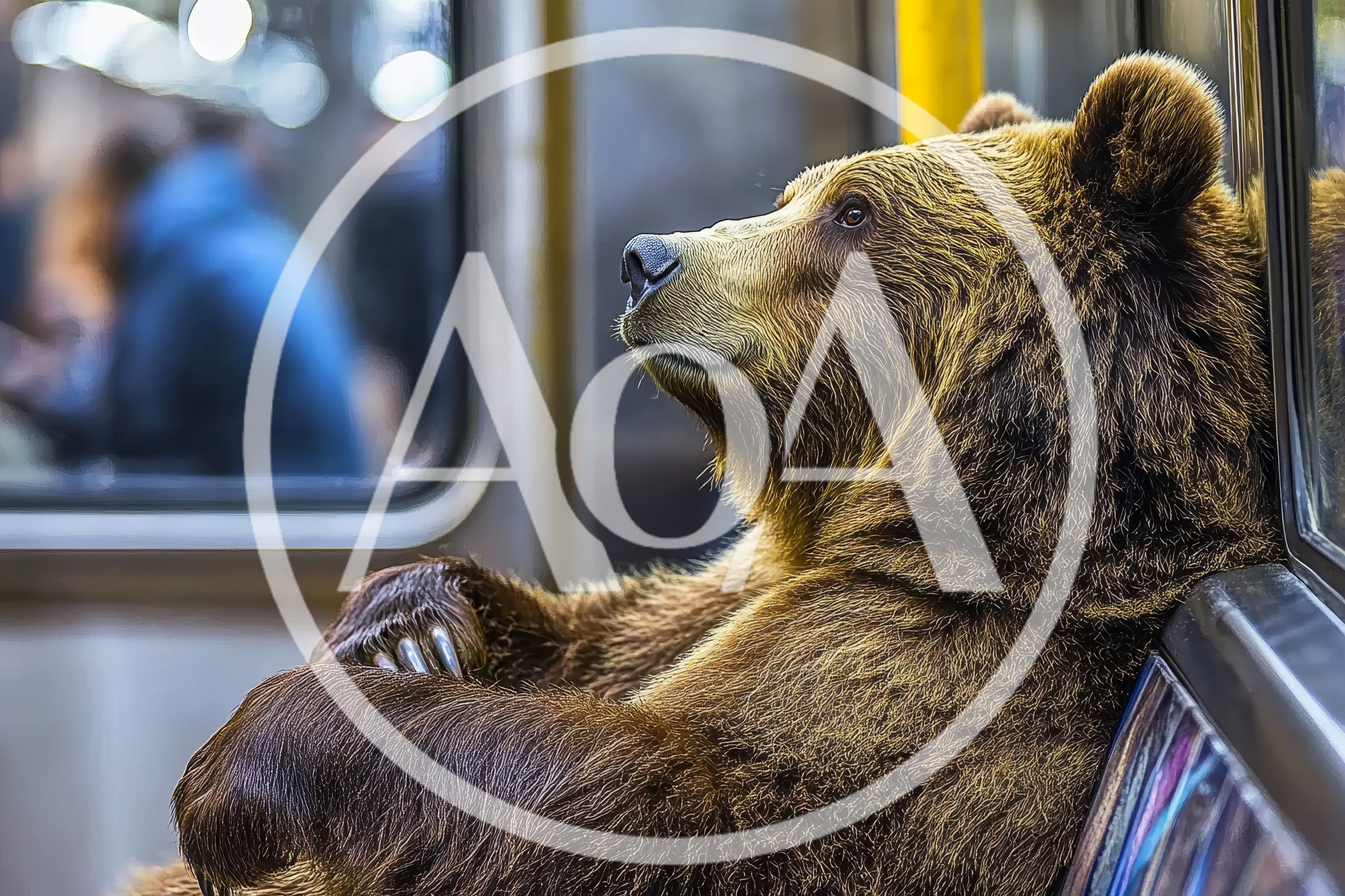 Brown Bear Sitting Quietly On A Subway Train