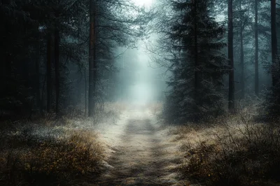 Misty Forest Path In Winter Morning