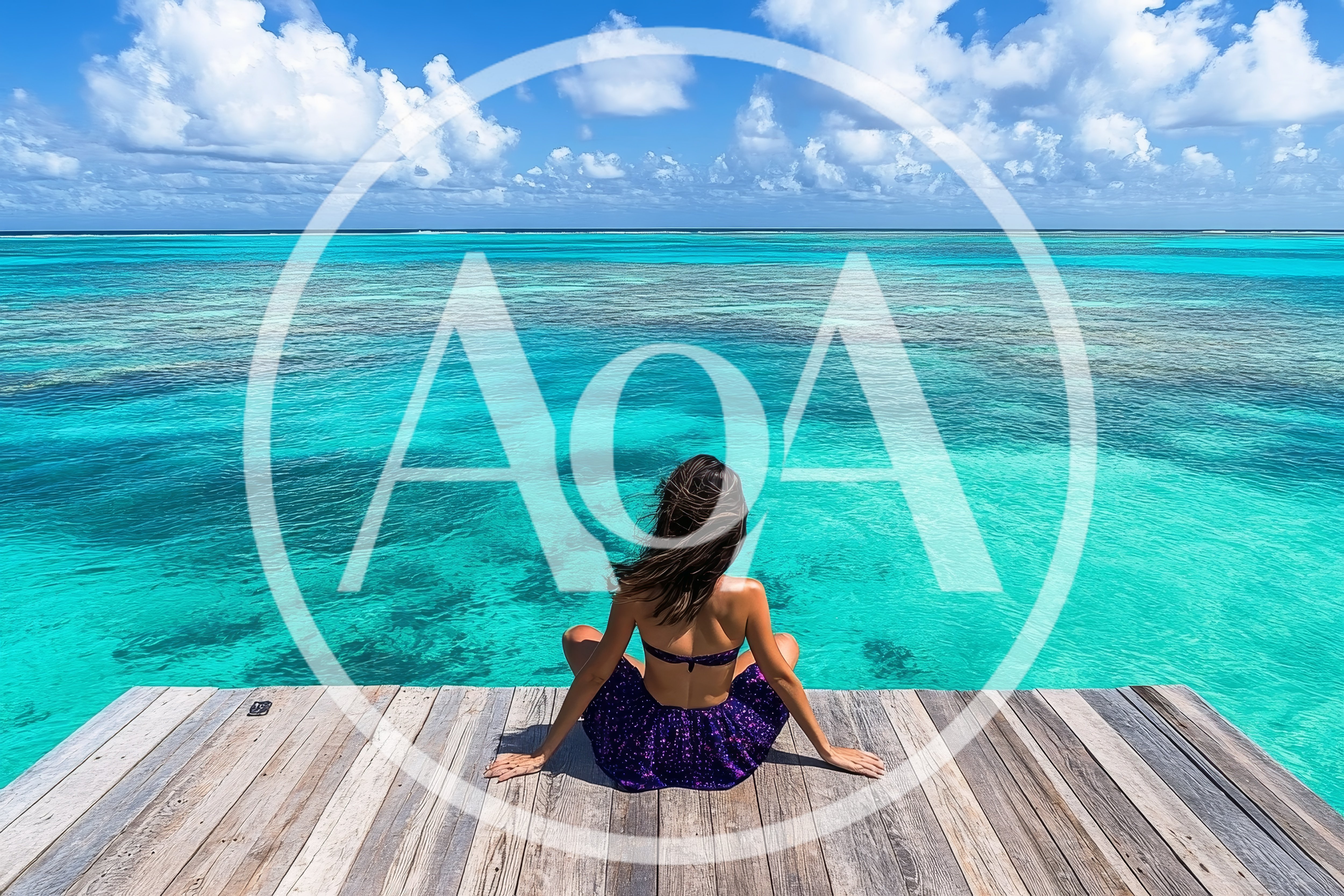 Woman Sitting On Wooden Pier Over Tropical Ocean