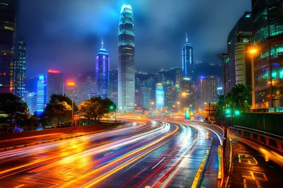 Hong Kong Cityscape Night Traffic Light Trails