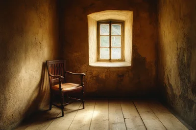 Antique Wooden Chair In A Rustic Sunlit Room