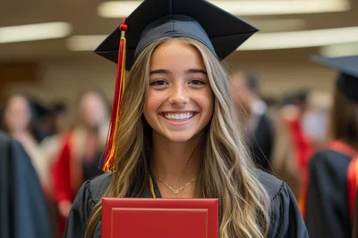 Smiling Female Graduate Holding Diploma At Commencement Ceremony