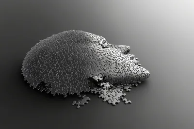 Metallic Puzzle Pieces Forming A Human Face Profile