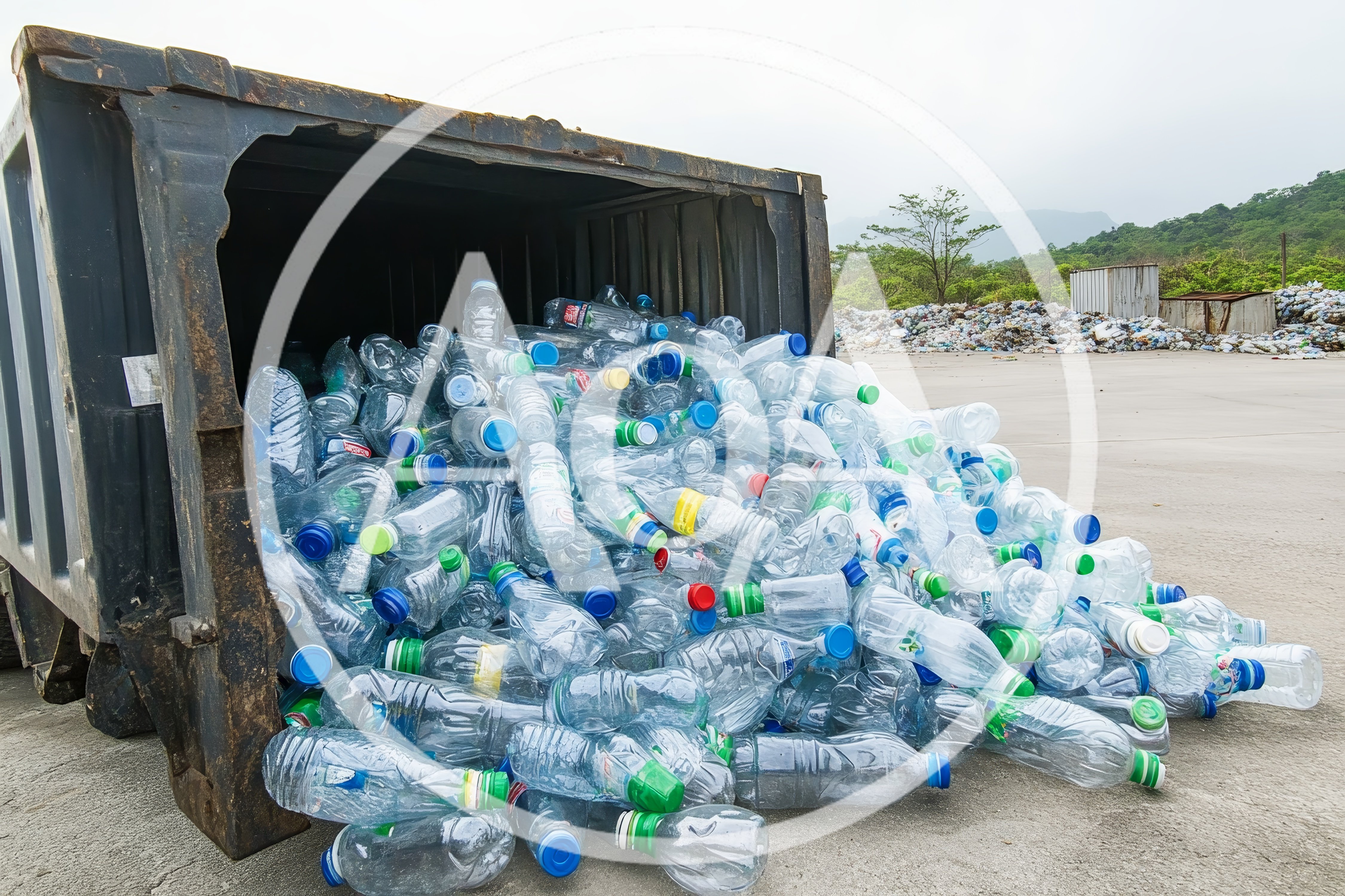 Plastic Bottles Spilling From A Large Industrial Dumpster