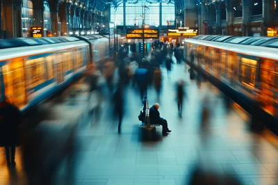 Lone Passenger Sitting on Bench in Busy Train Station