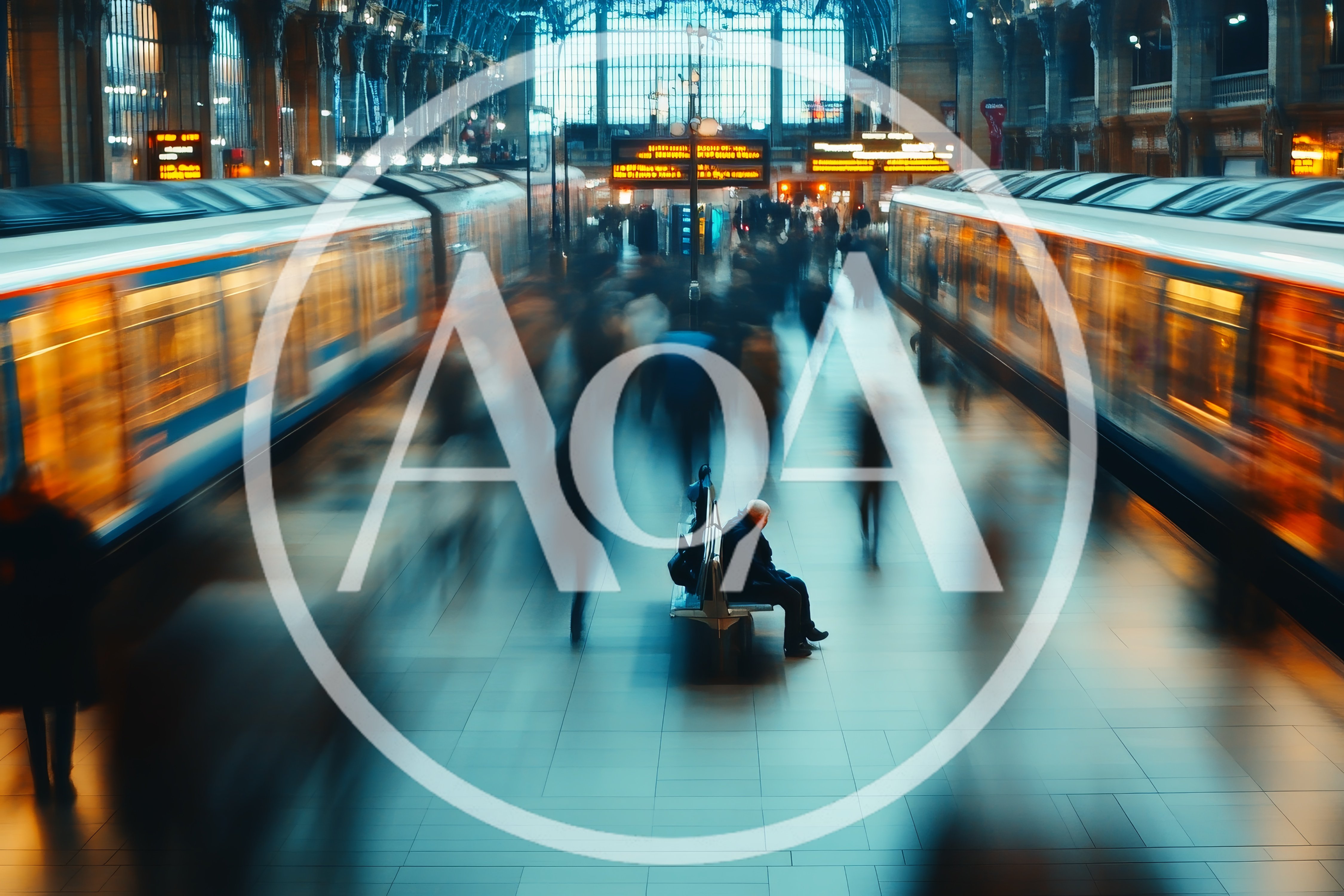 Lone Passenger Sitting on Bench in Busy Train Station