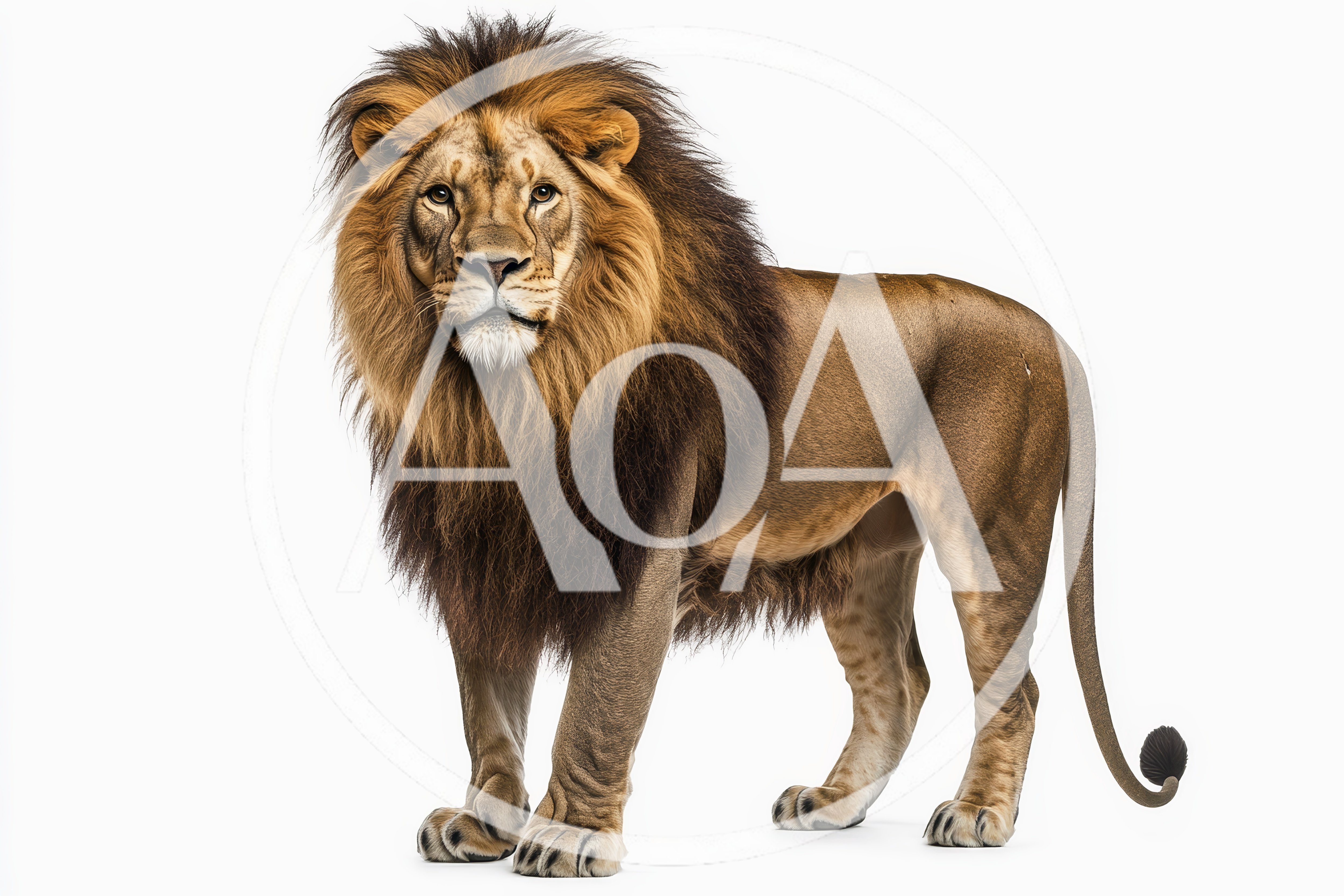 Majestic Male Lion Standing Against White Background