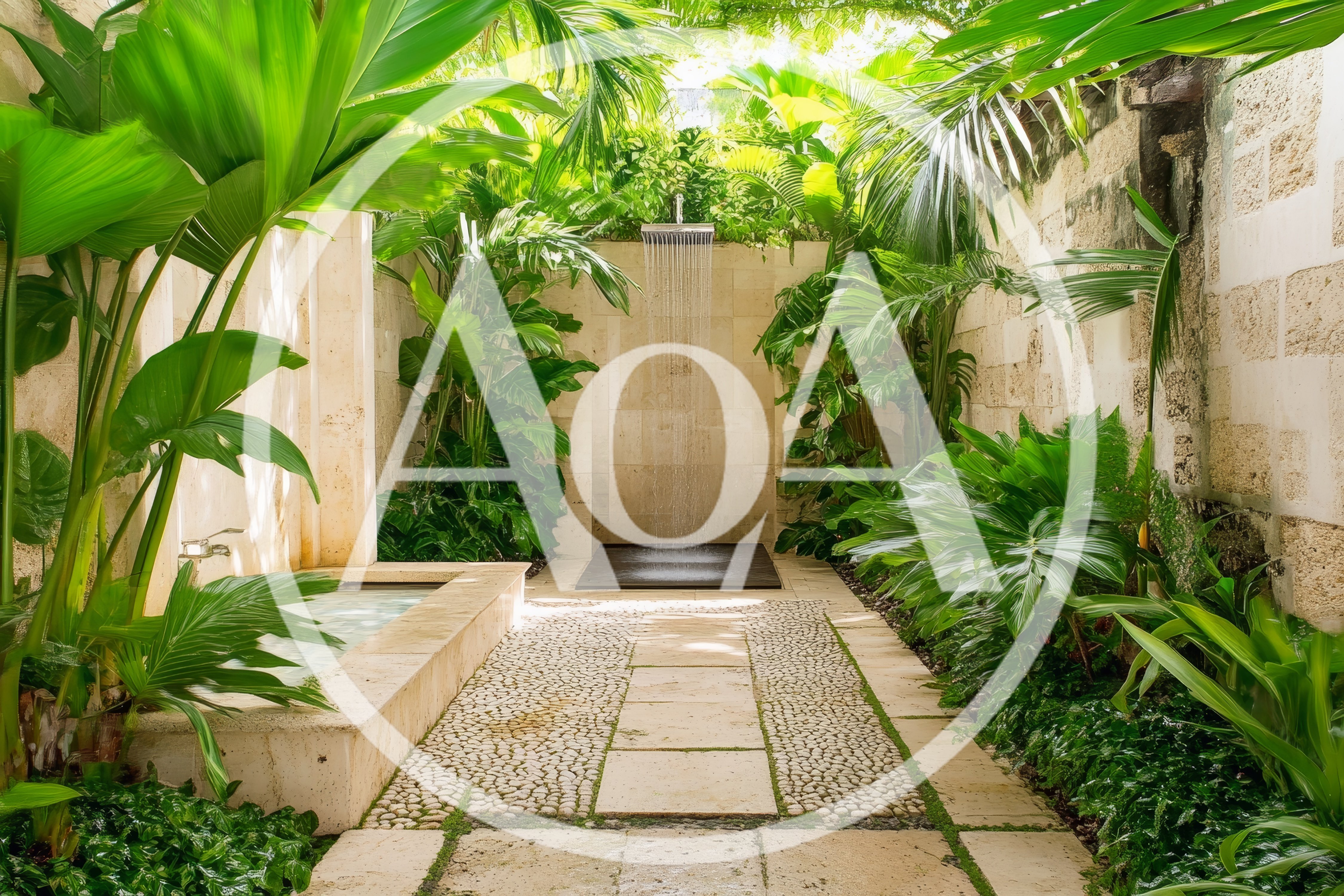 Outdoor Tropical Shower With Stone Basin And Lush Foliage