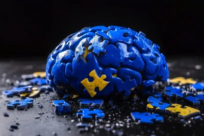 Blue Puzzle Brain Sculpture on Dark Surface