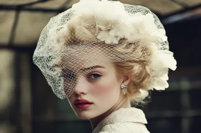 Elegant Blonde Woman Wearing Vintage Bridal Veil and Headpiece