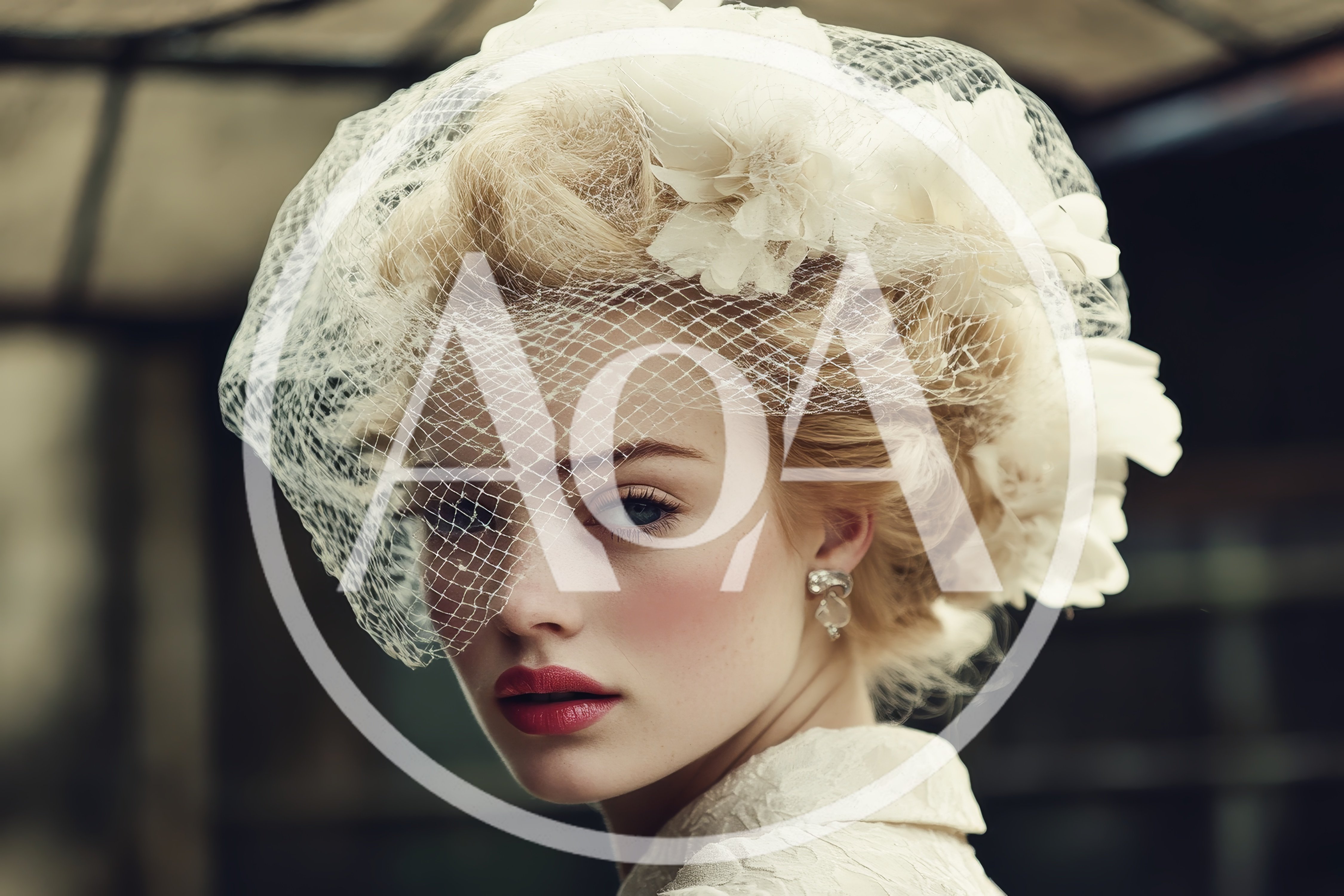 Elegant Blonde Woman Wearing Vintage Bridal Veil and Headpiece