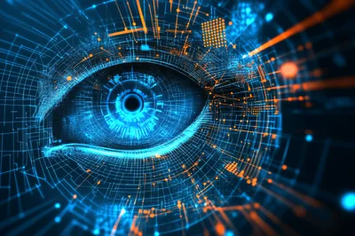 Digital Cybernetic Eye With Glowing Data Network
