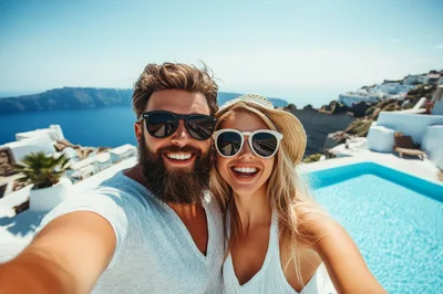 Happy Couple Taking Selfie By Santorini Infinity Pool
