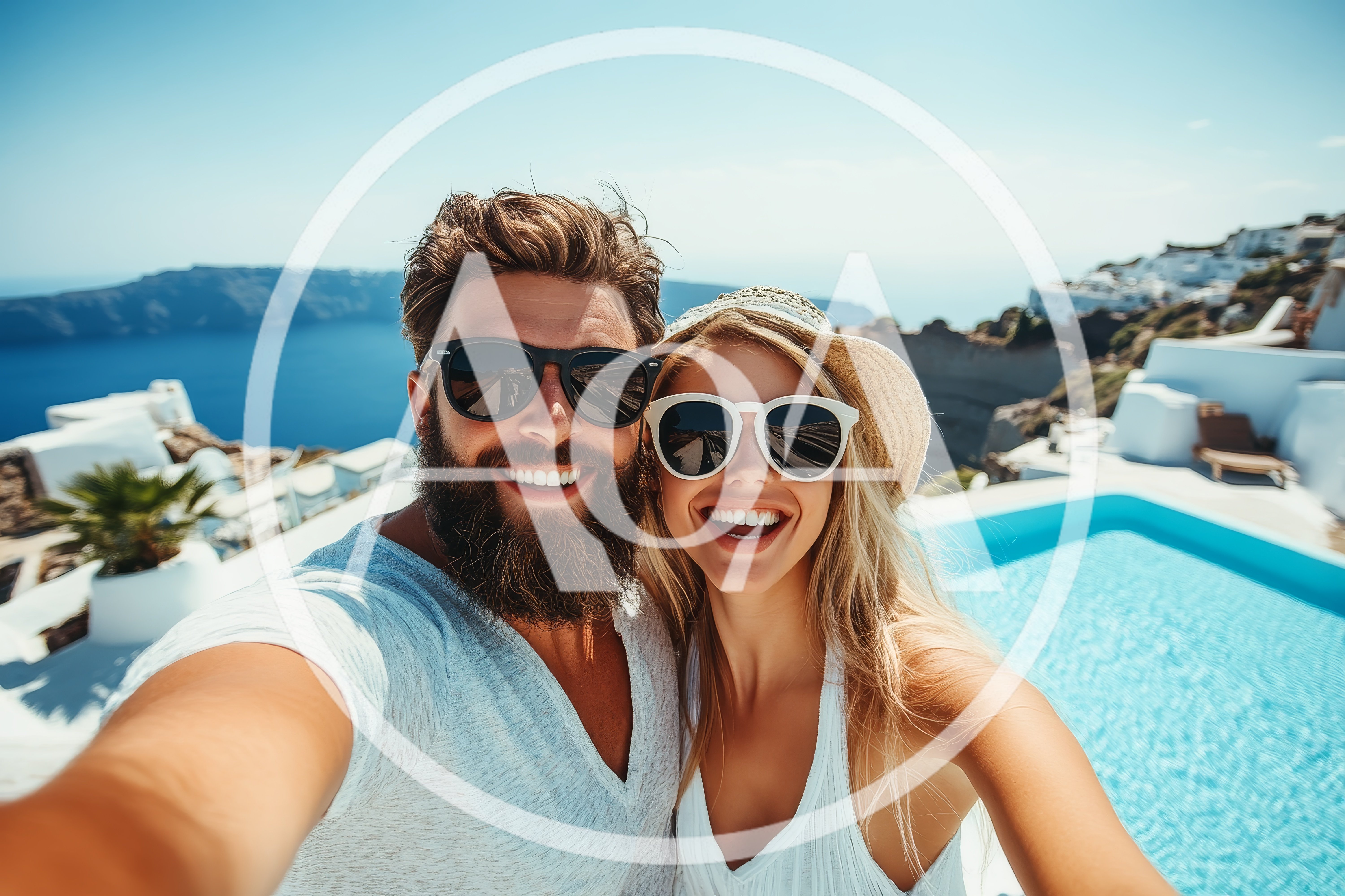 Happy Couple Taking Selfie By Santorini Infinity Pool