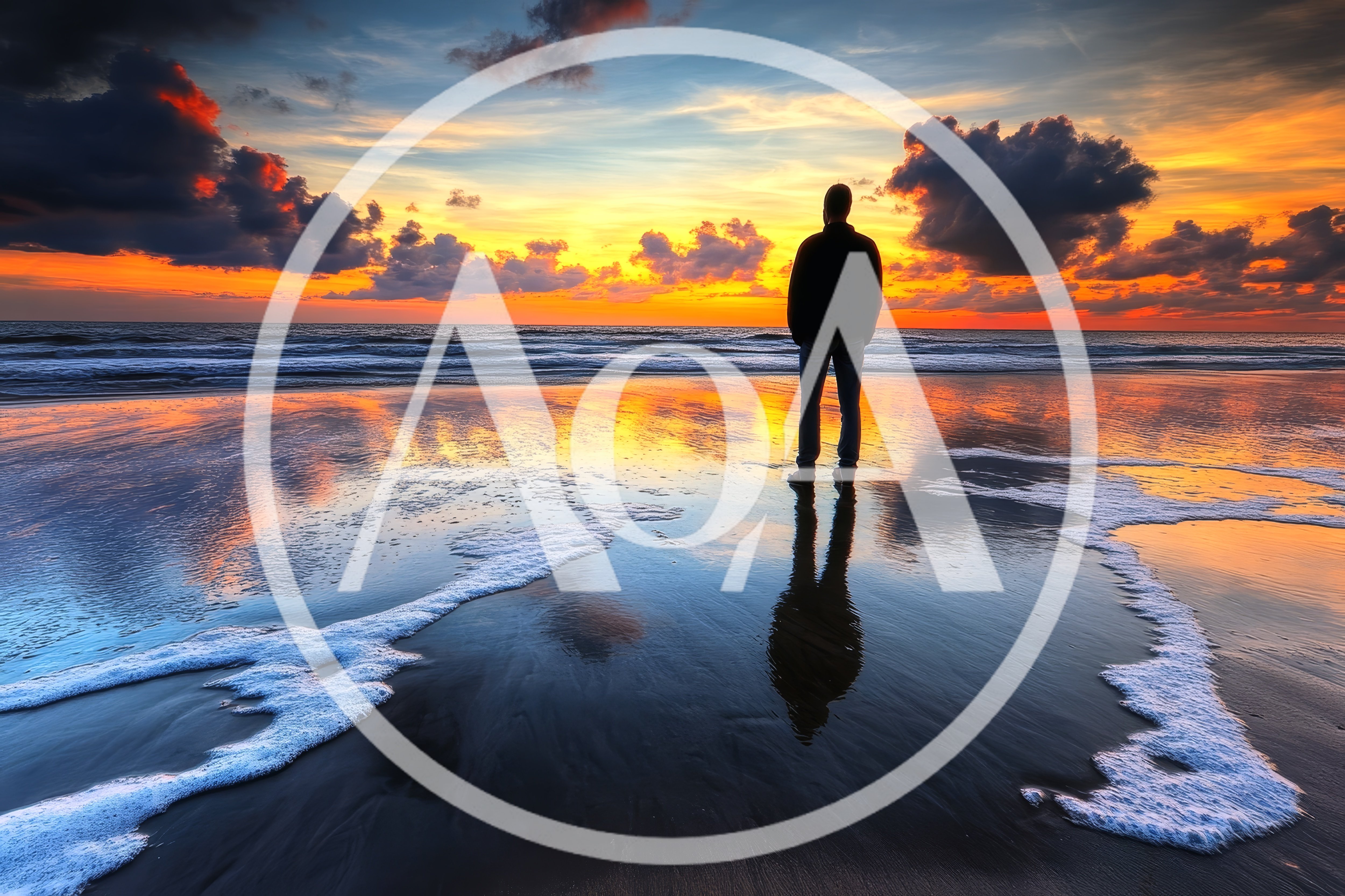 Man Standing Alone On Beach At Sunset