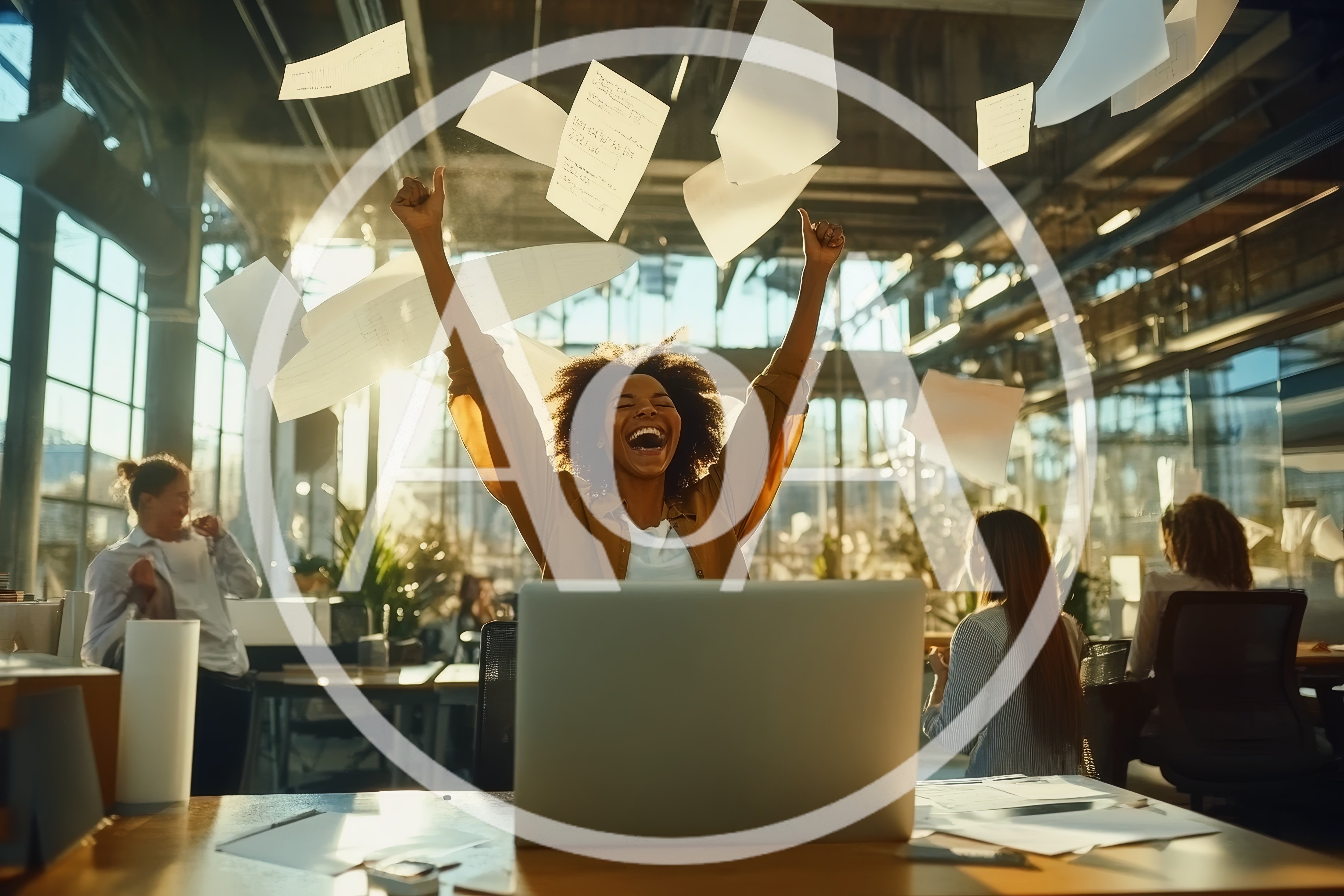 Excited Businesswoman Celebrating Success With Flying Papers