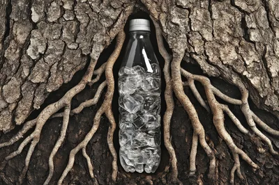 Plastic Water Bottle Filled With Ice Cubes In Tree Roots
