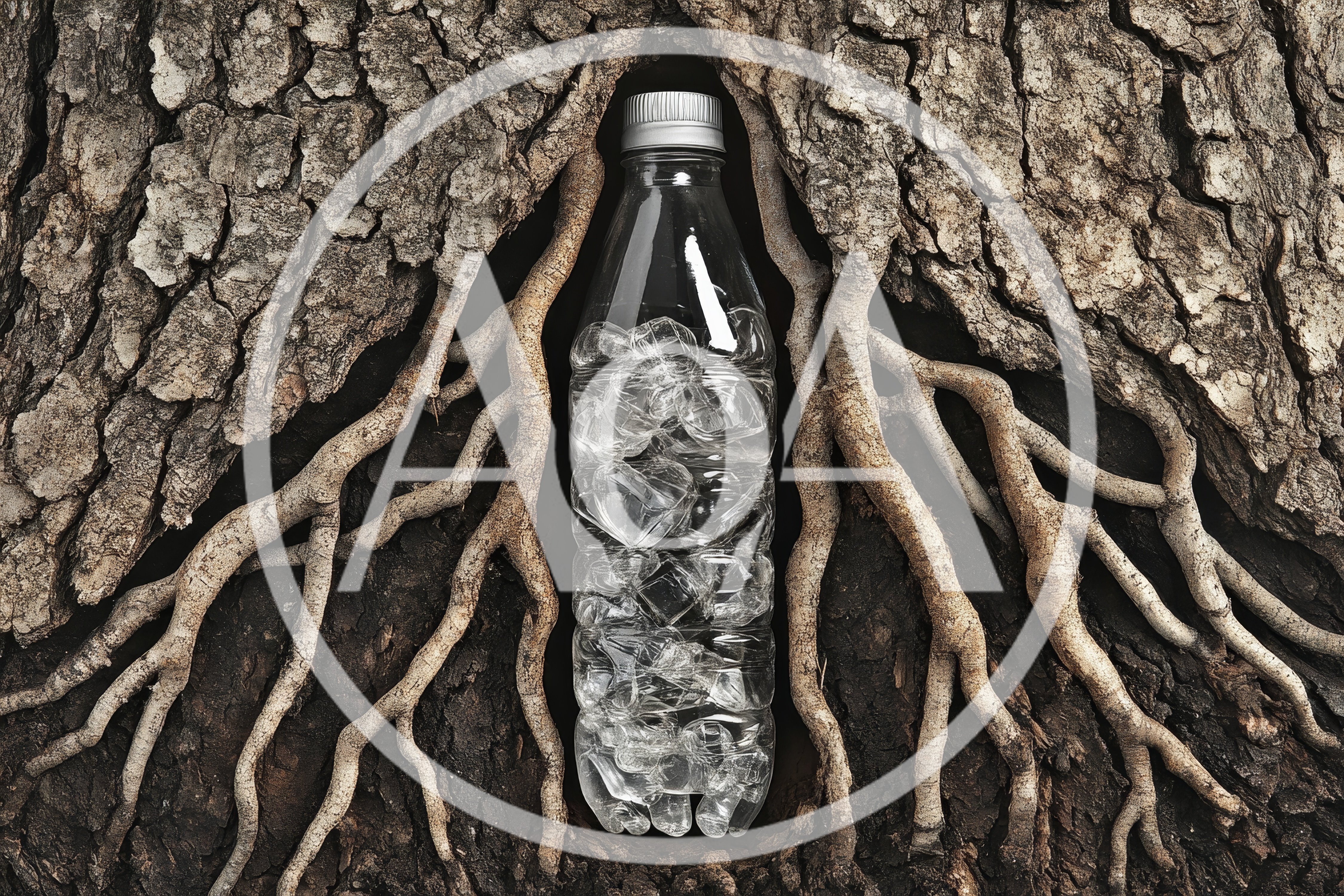 Plastic Water Bottle Filled With Ice Cubes In Tree Roots