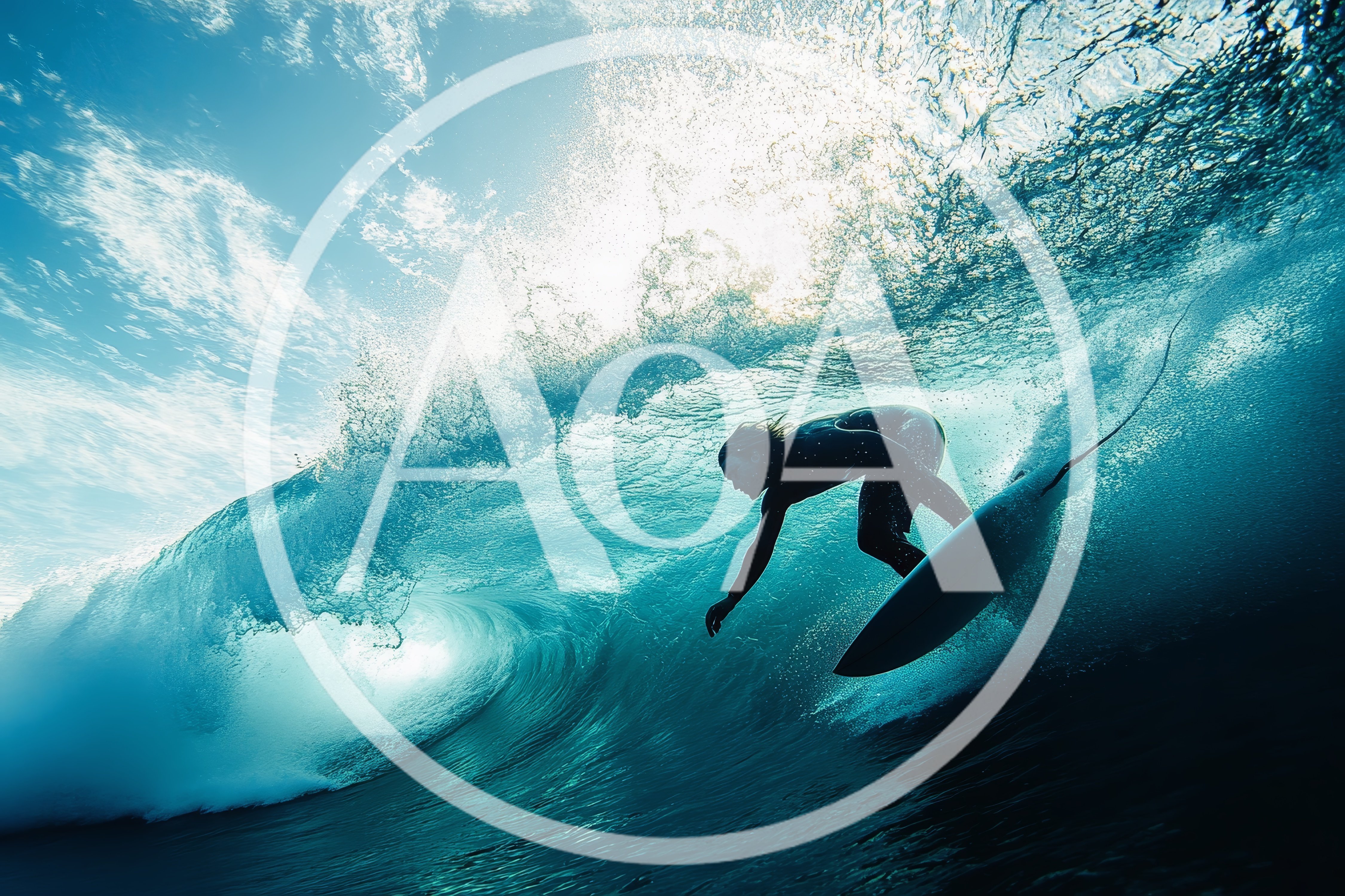 Surfer Riding Inside A Large Blue Ocean Wave