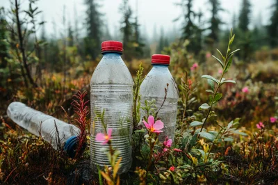 Plastic Water Bottles Littering A Misty Forest Floor