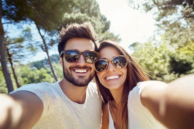 Happy Couple Taking A Selfie Outdoors