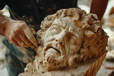 Sculptor Carving Detailed Marble Head Statue