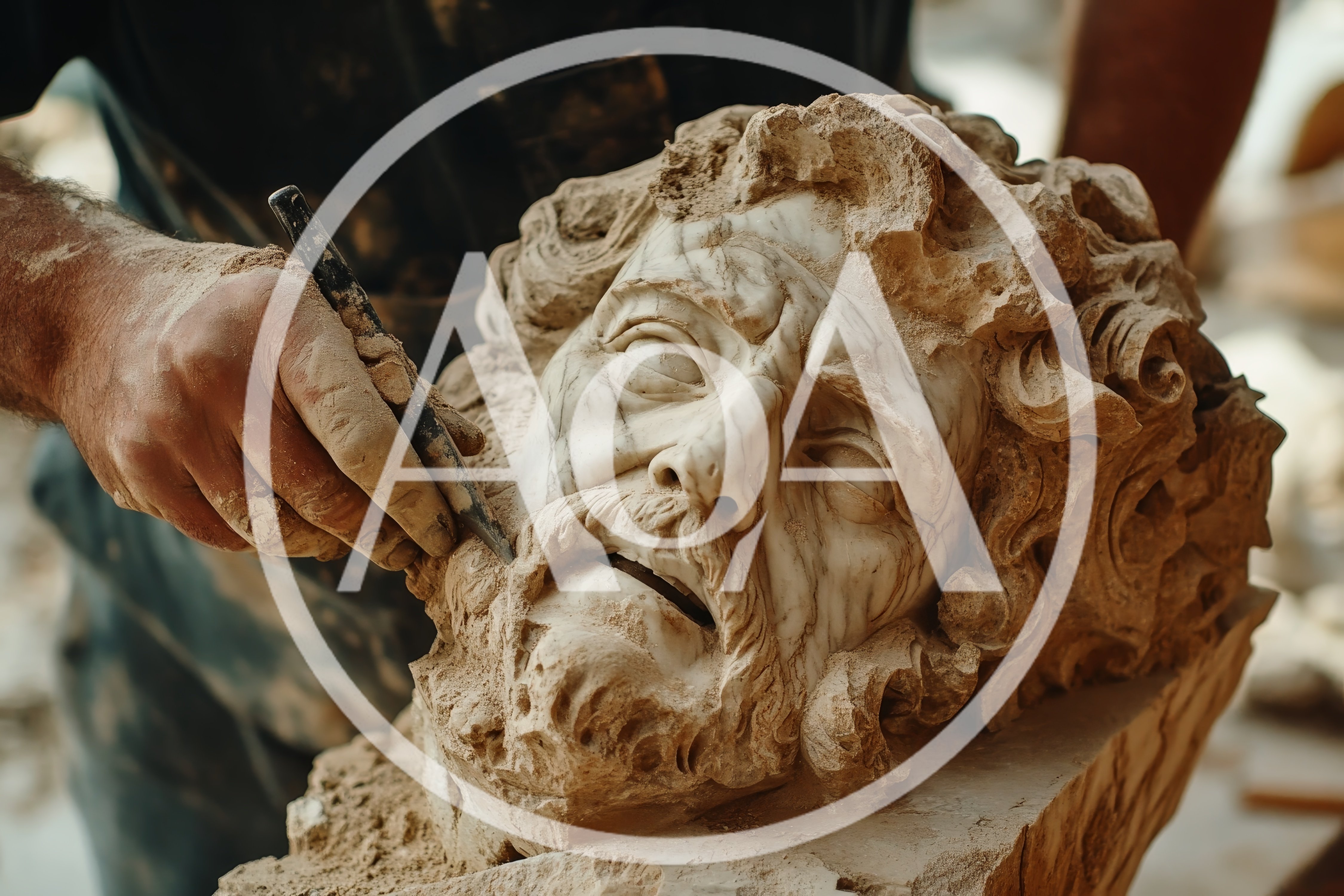 Sculptor Carving Detailed Marble Head Statue