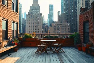Empty Rooftop Terrace With City Skyline View