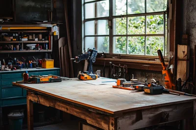 Workbench With Power Tools In A Woodworking Workshop