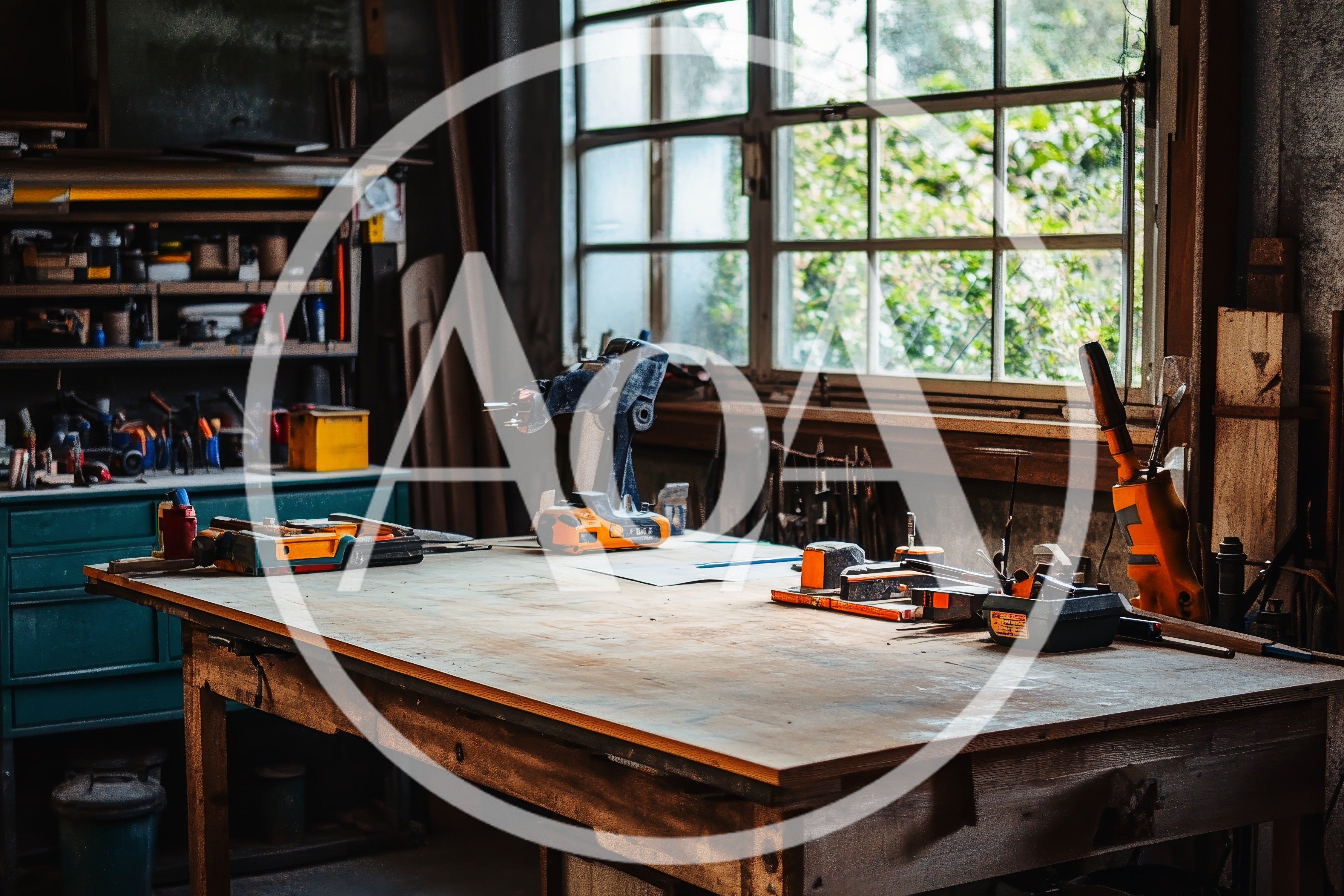 Workbench With Power Tools In A Woodworking Workshop
