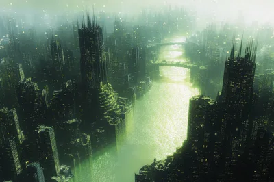 Futuristic Dystopian Cityscape With Glowing Green River
