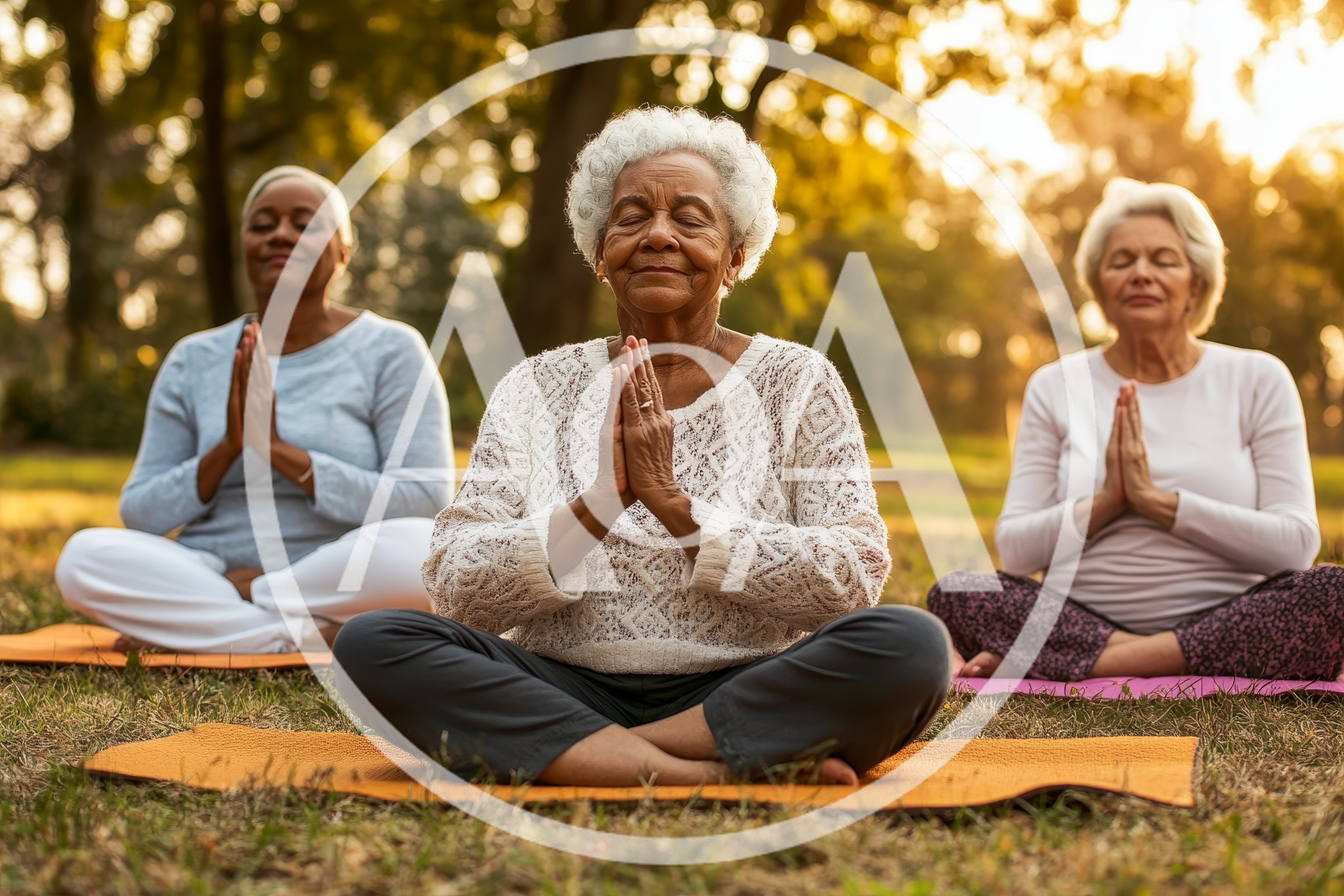 Three Senior Women Practicing Yoga Outdoors