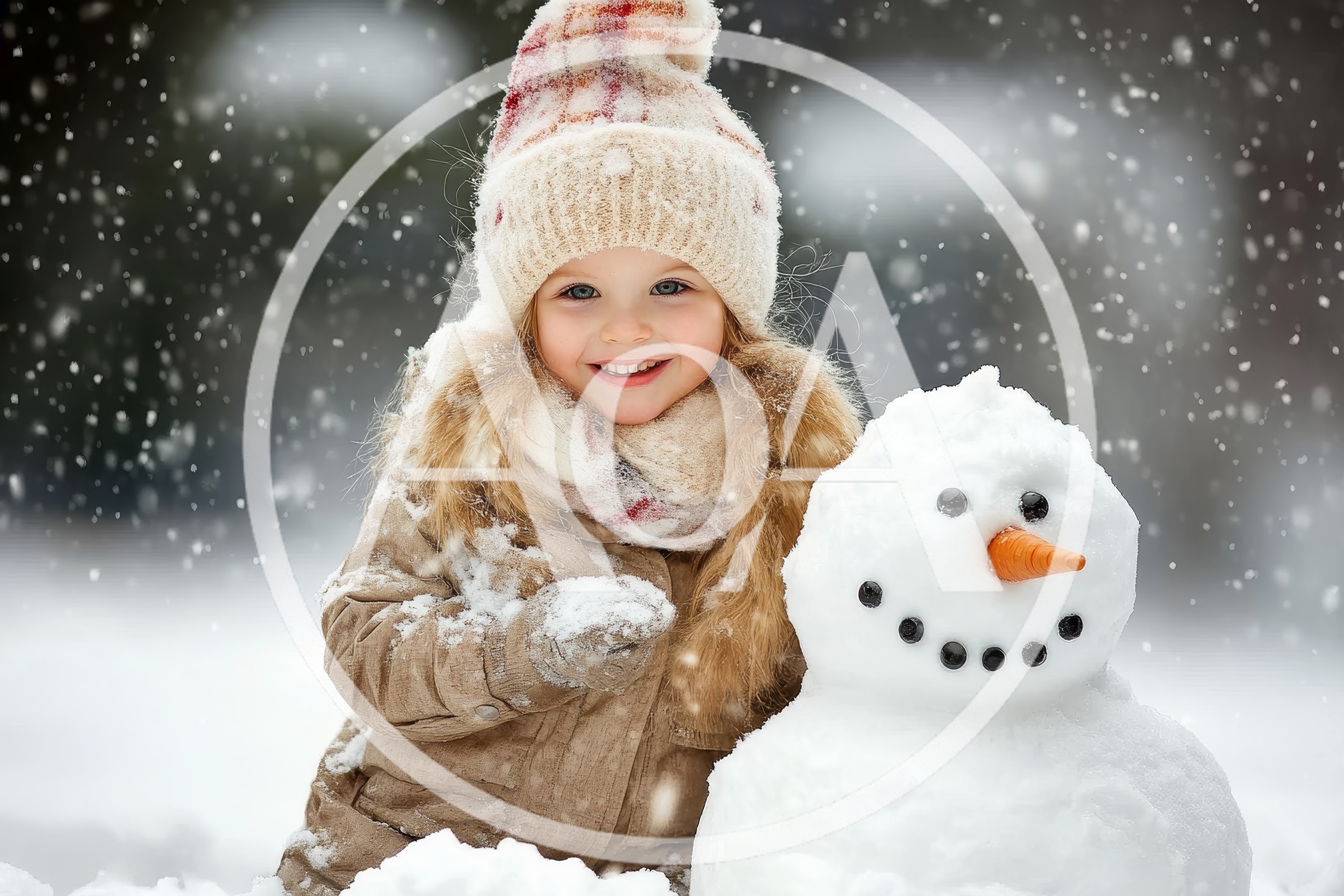 Happy Little Girl Building A Snowman In Winter