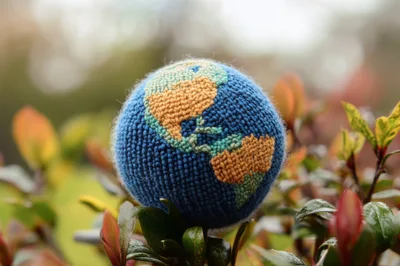 Crocheted Globe Resting On Green Garden Foliage