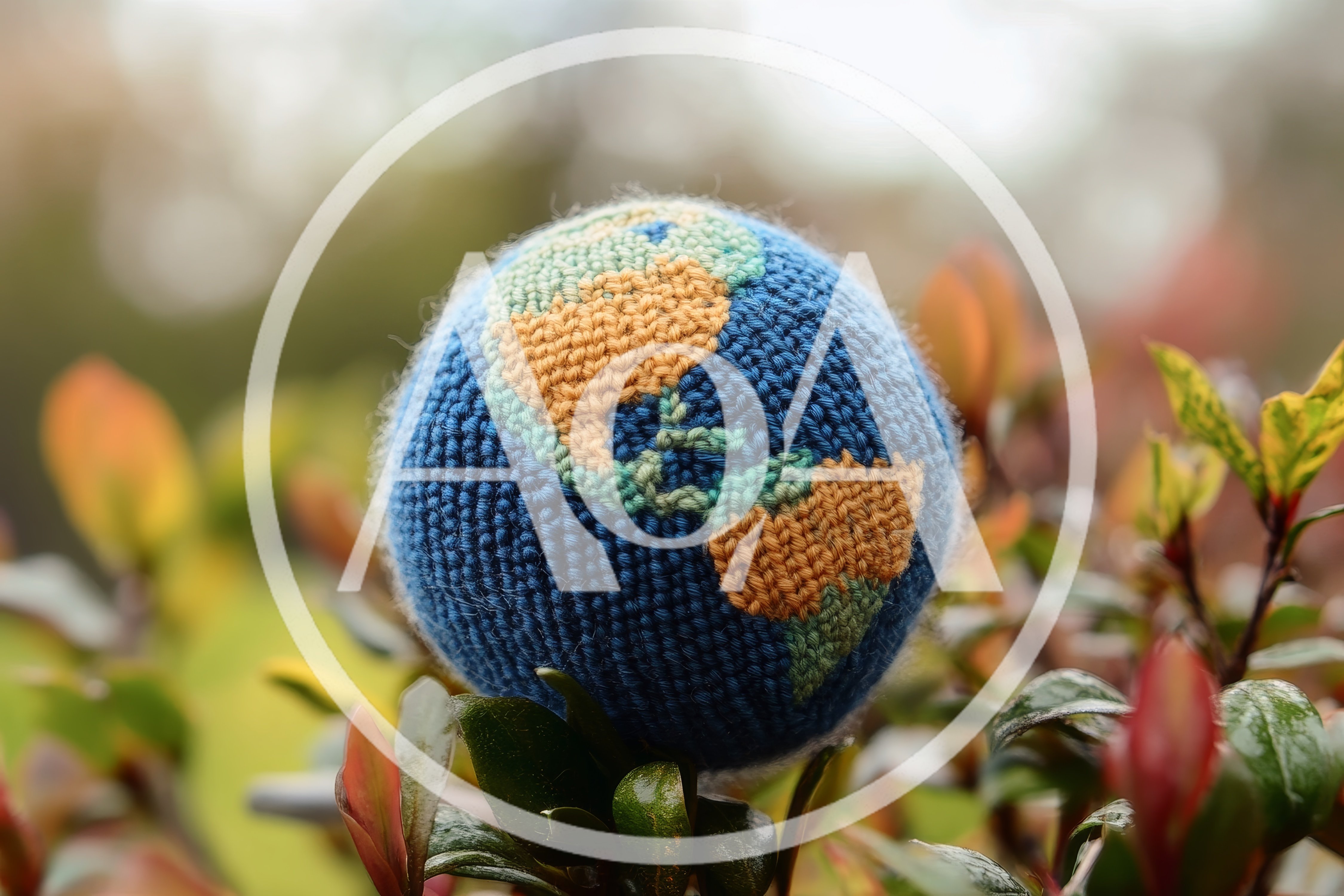 Crocheted Globe Resting On Green Garden Foliage