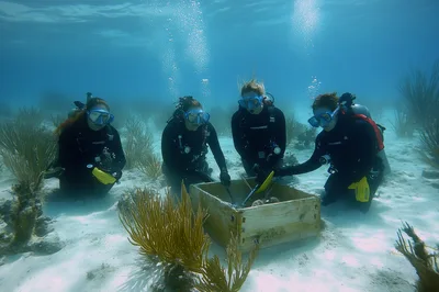 Scuba Divers Working With Coral Restoration Nursery