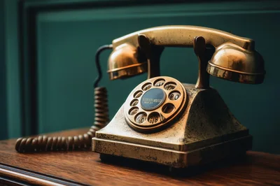 Vintage Brass Rotary Telephone on Wooden Table